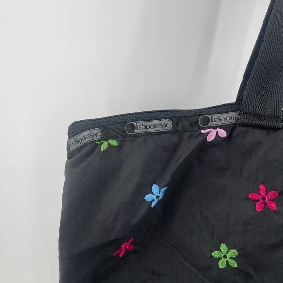LESPORTSAC Bag Flower Embroidery Black Zipper Tote Lightweight Travel MultiColor - Picture 12 of 16
